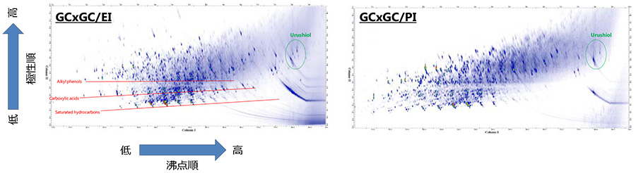 GCxGC/EI and PI TIC chromatograms