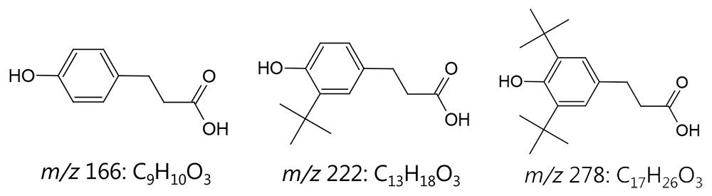 Suggested structure formula for m/z 166, 222 and 278.