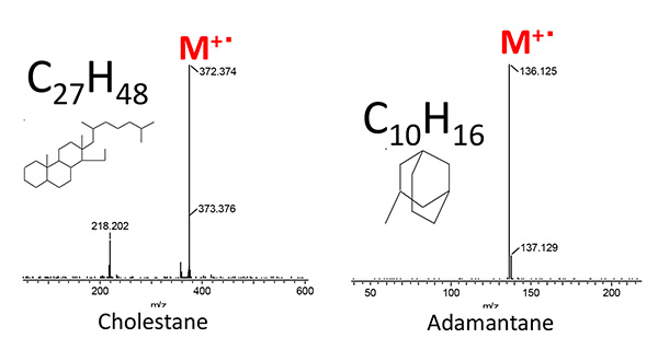 Cholestane及びAdamantaneのPIマススペクトル