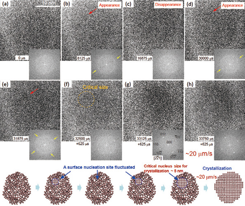 粒径約20 nmのナノ粒子の結晶化中の高分解能像のスナップショットと対応するＦＦＴパターン