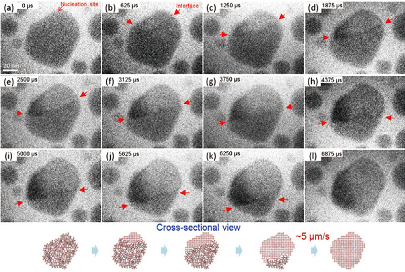 粒径約60 nmのナノ粒子の結晶化中の結晶−アモルファス界面の移動を示す明視野像