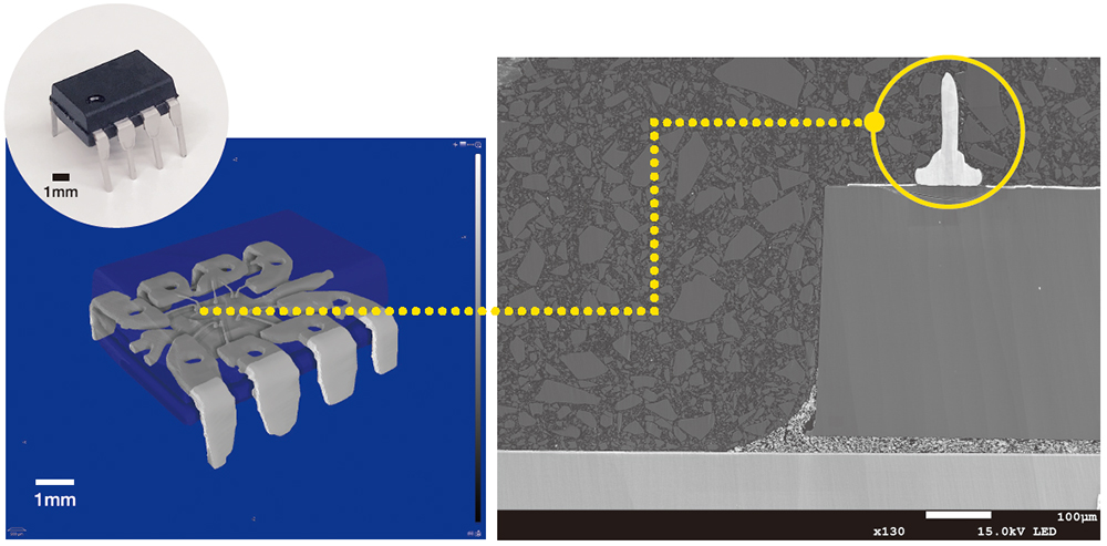 μCTによるICパッケージの3D内部構造イメージ、金ワイヤーボンディングのCP加工面のSEM像
