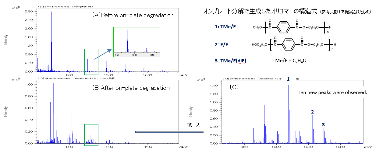 Fig1. The mass spectra of PET oligomer before (A) and after (B) on-plate degradation treatment. (C)Enlarged mass spectrum of PET after on-plate degradation. 
