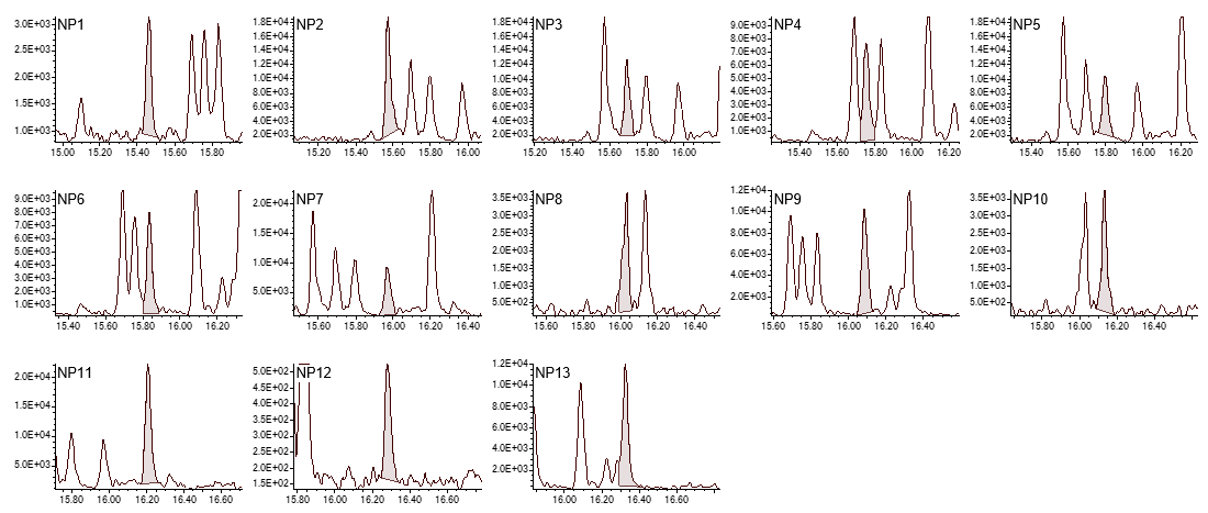 Figure 1  SRM chromatograms of each isomers from 10μg/L standard solution as 4-nonyl phenols