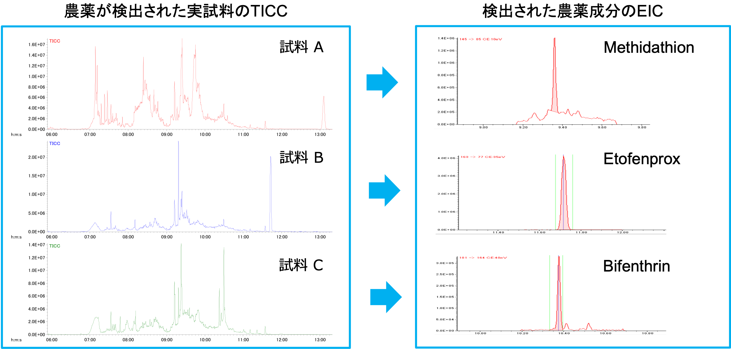左側に「農薬が検出された実試料のTICC」、右側に「検出された農薬成分のEIC」を表したグラフ