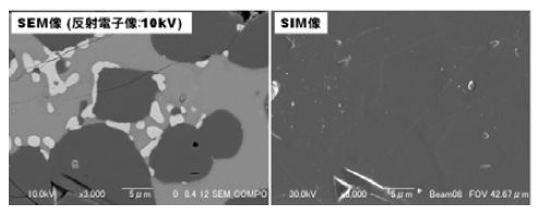 SIM像とSEM像で試料(試料:隕石の研磨面)の同一場所を比較した例