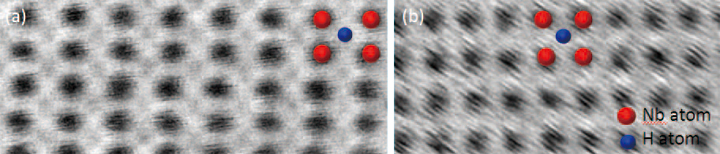 Fig. 7 Fig. 8 200 kV atomic-resolution ABF images at a) room and b) LN2 temperature. Both images show the Nb atomic columns, but the Hydrogen columns are not very visible in the low temperature image due to the increased sample vibration.