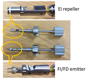 EI repeller probe (upper) and FI/FD emitter probe (lower) 