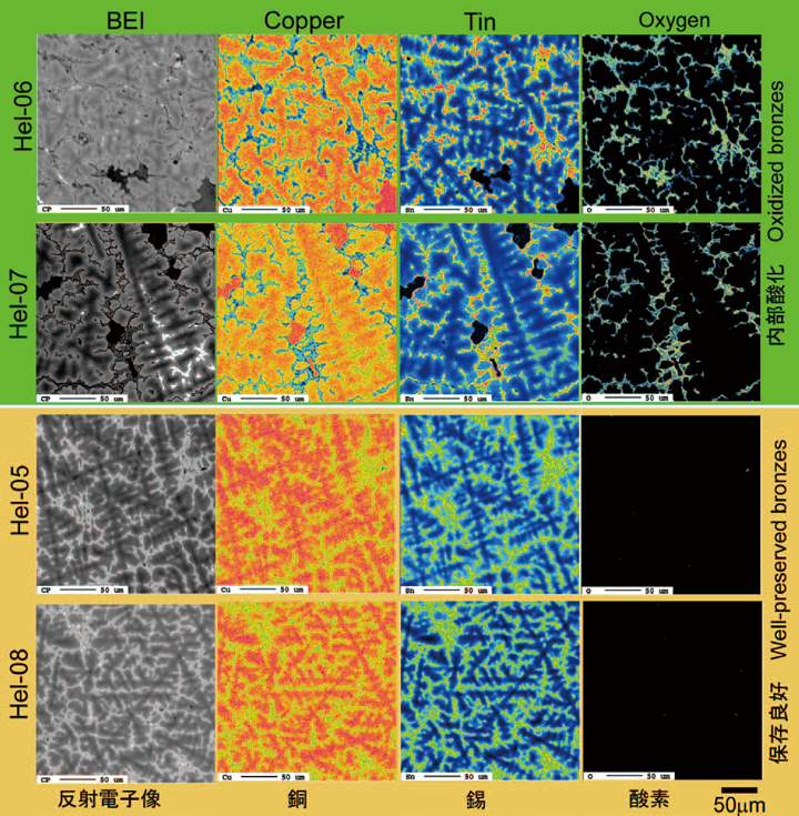 Fig.6 HPKM1004出土の青銅冑断面(4試料)の金相組織