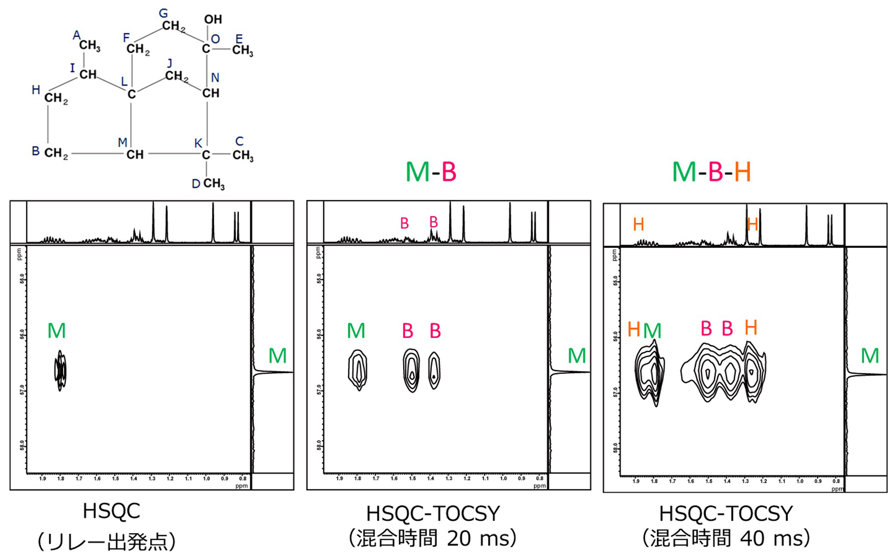 左からHSQC (リレー出発点) → HSQC-TOCSY (混合時間20 ms) → HSQC-TOCSY (混合時間40 ms)