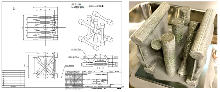 写真4 積層造形法のJIS試験片造形 (切削加工前)