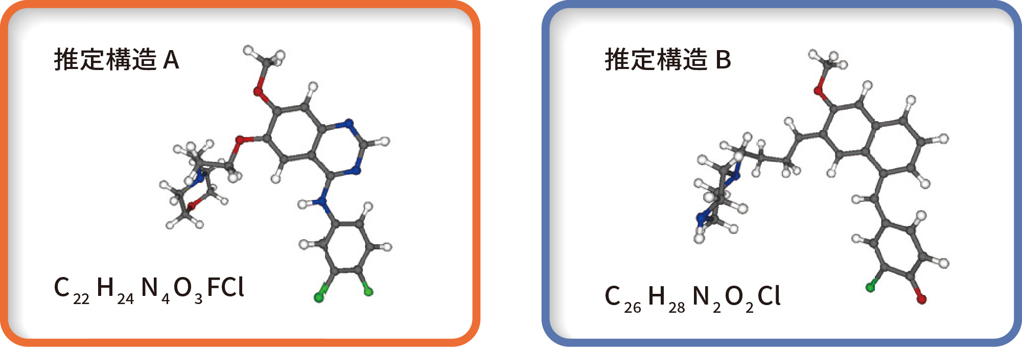 推定構造 A: C22H24N4O3FCl / 推定構造 B: C26H28N2O2Cl