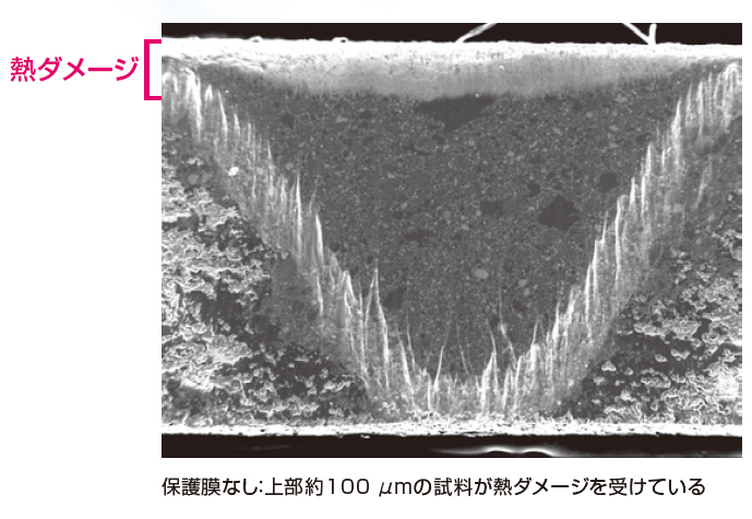 保護膜なし : 上部約100 μmの試料が熱ダメージを受けている