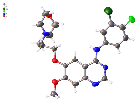 電子回折統合プラットフォーム 「XtaLAB Synergy-ED」で解析した、Gefitinibの 分子構造（結晶サイズ：300ナノメートル）。