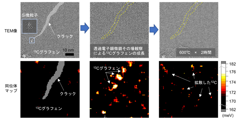 図3 透過電子顕微鏡内同位体分析によるグラフェンの自己拡散の追跡