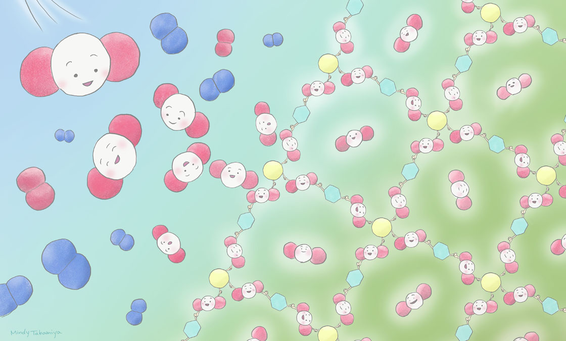 二酸化炭素 (CO<sub>2</sub>) を、常温で、かつ、高い圧力をかけることなく有用な多孔性金属錯体 (PCP/MOF) へと変換する、新しい手法が開発されました (©高宮ミンディ/京都大学アイセムス)