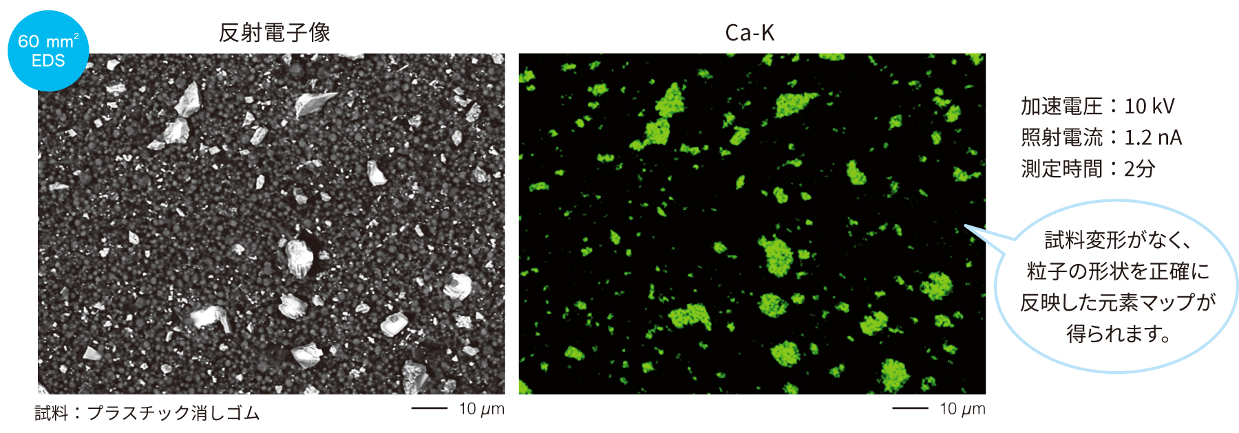 60mm2 EDS 試料変形がなく、粒子の形状を正確に反映した元素マップが得られます。