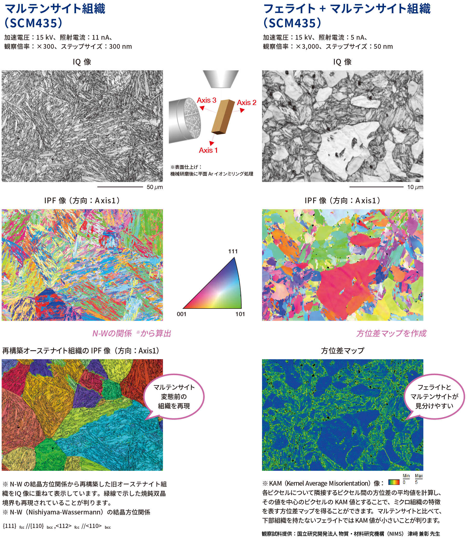 左にマルテンサイト組織  (SCM435)、右にフェライト + マルテンサイト組織  (SCM435) のIQ像、 IPF像(方向: Axis1)、再構築オーステナイト組織のIPF像(方向: Axis1)の図を並べたもの、