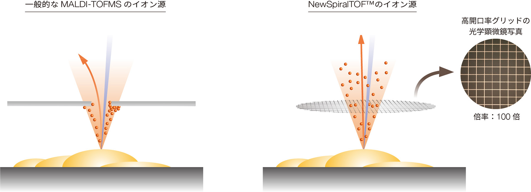 一般的なMALDI-TOFMSのイオン源とNewSpiralTOF™のイオン源