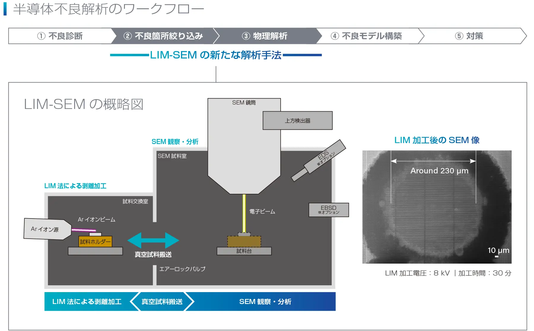 ①故障診断→②不良位置絞込み→③物理解析→④故障モデル構築→⑤対策 (②③がLIM-SEMの新たな解析手法)