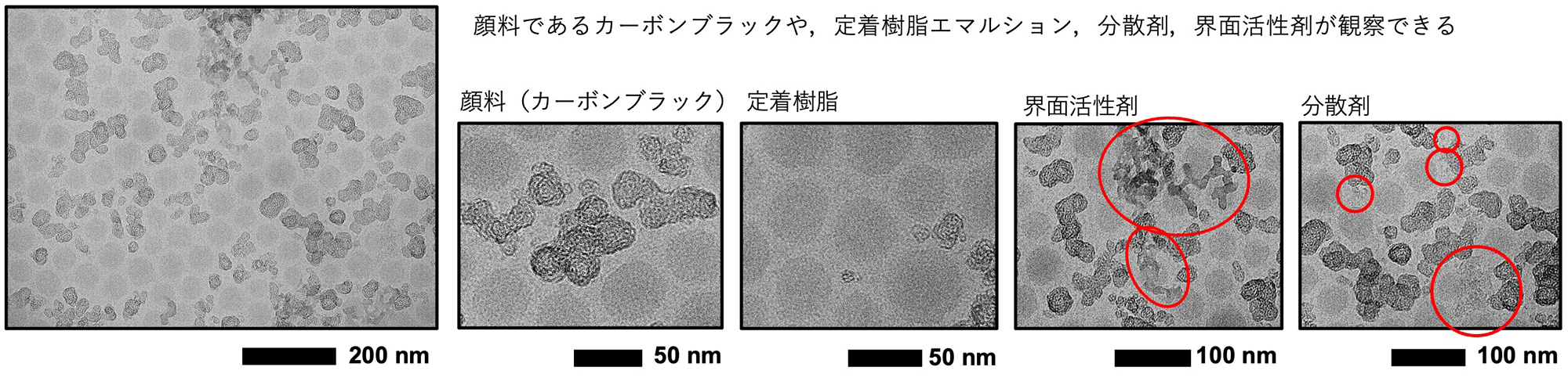 顔料であるカーボンブラックや、定着樹脂エマルション、分散剤、界面活性剤が観察できる