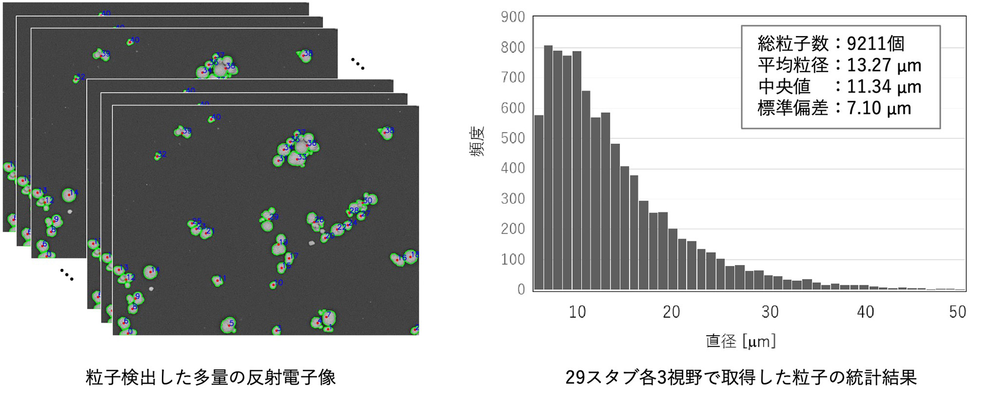 左：粒子検出した多量の反射電子像、右：29スタブ各3視野で取得した粒子の統計結果