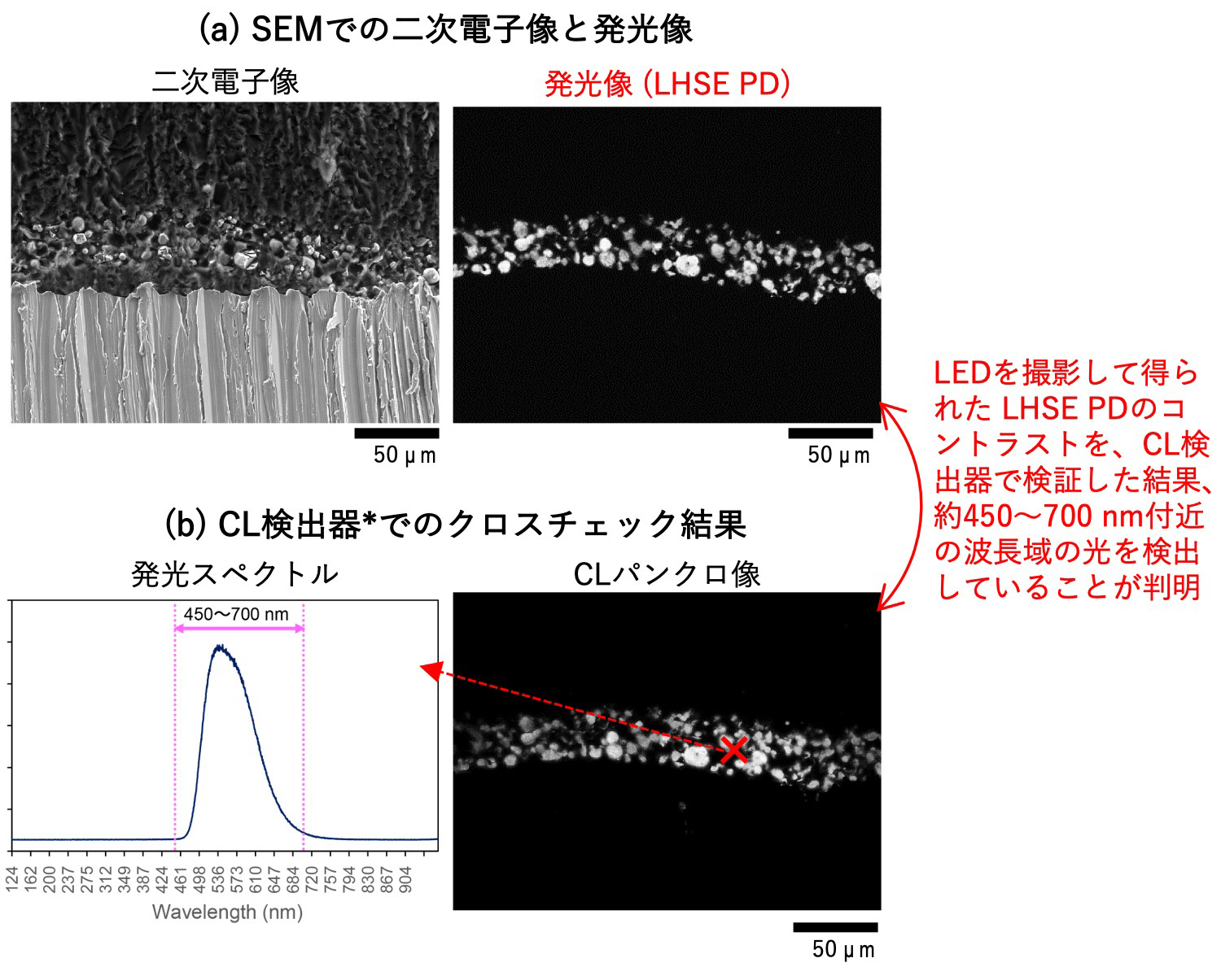 図6 上段：(a) SEMでの二次電子像と発光像 、下段：(b) CL検出器*でのクロスチェック結果