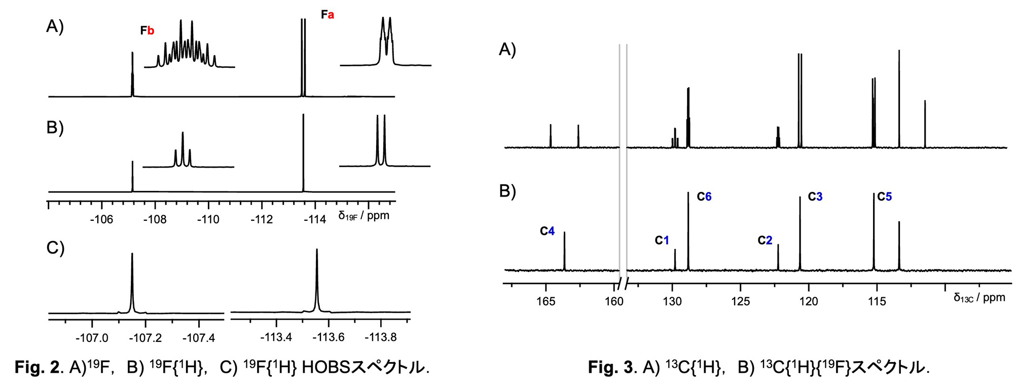 Fig. 2. A)19F， B) 19F{1H}， C) 19F{1H} HOBSスペクトル、Fig. 3. A) 13C{1H}， B) 13C{1H}{19F}スペクトル.