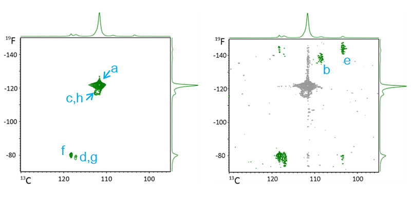 13C-19F HETCOR with high (left) and low (right) level thresholds.