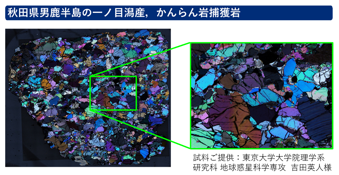 秋田県男鹿半島の一ノ目潟産、かんらん岩捕獲岩　試料ご提供：東京大学大学院理学系研究科地球惑星科学専攻吉田英人様