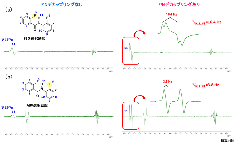 1の一次元HETCORと14Nデカップリング一次元1H–19F HETCORスペクトル