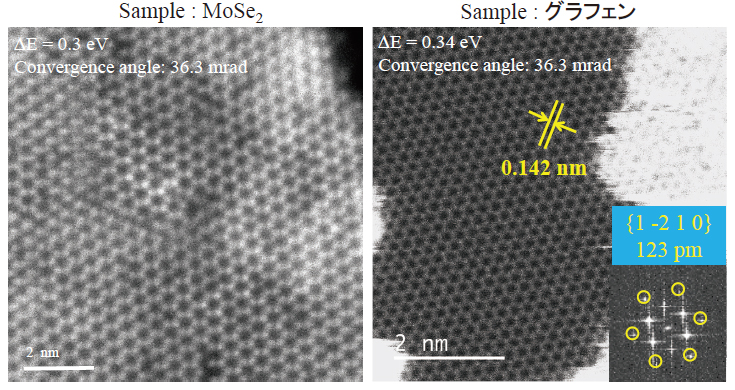 30kVで取得したMoSe2とグラフェンのSTEM-ADF像