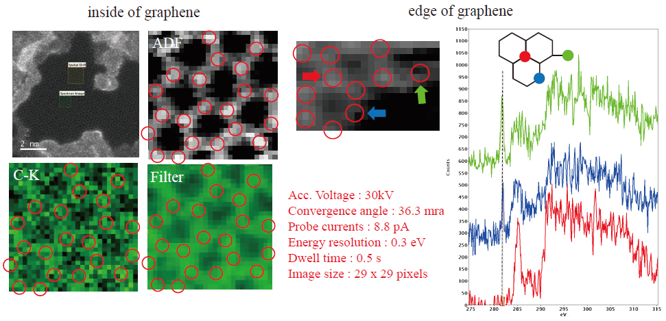 単層グラフェンのSTEM-ADF像とEELS分析