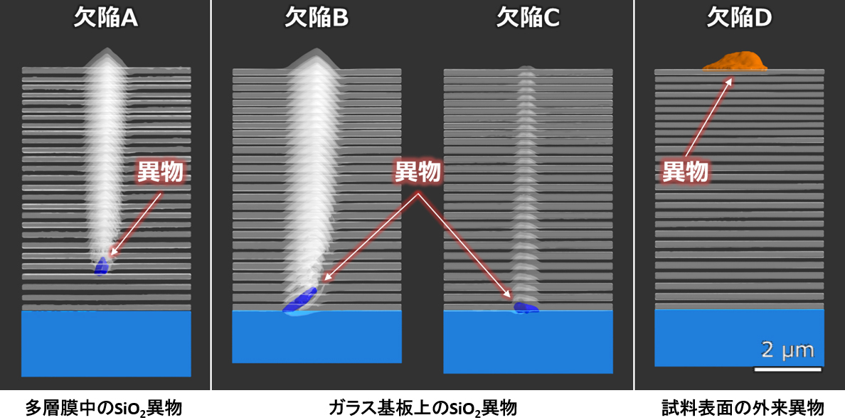 Fig.5 IRカットフィルター上の欠陥の三次元再構築像（透過表示した断面観察像）