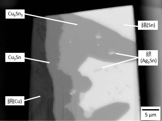 Fig. 4 鉛フリーはんだと銅接合面の 反射電子組成像