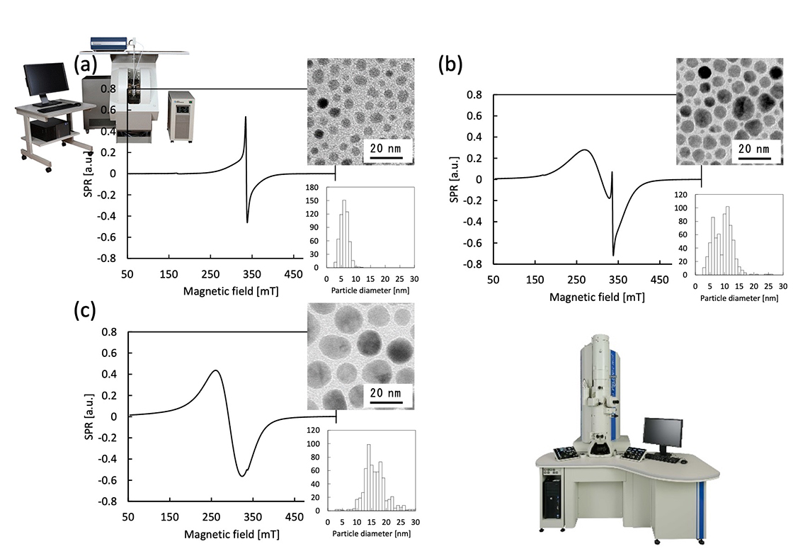 図3　磁性ナノ粒子 (Fe3O4) トルエン分散溶液 (0.625 mg / mL) のSPRスペクトルとTEM像および粒径分布図