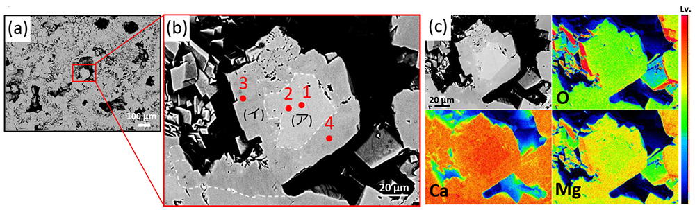 図2 試料1の (a) BSE像(x100)　(b) BSE像(x750)　(c) 元素マップ
