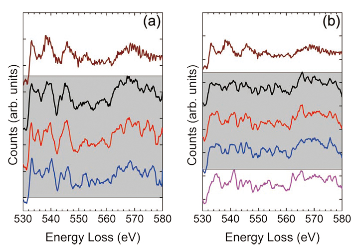 Fig. 5 EELS at 80 kV of the Ti L-edges after background subtraction for the sample a) with and b) without the Ti pre-layer. EELS spectra of the O K-edges for the samples a) with and b) without the Ti pre-layer. The shaded area indicates spectra taken from the SrTiO3 film, while the top spectrum is taken from bulk SrTiO3 as a reference.