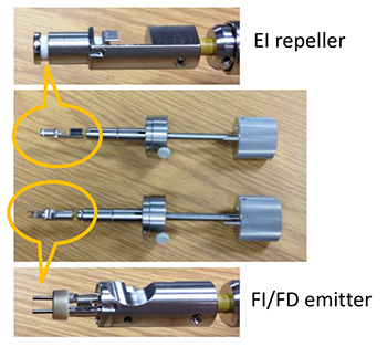 EI repeller probe (upper) and FI/FD emitter probe (lower) 