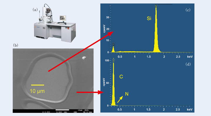 Fig.5（a）JSM-7001FTTLLVの外観図。（b）レーザー強度40%で250回レーザー照射した後の照射痕を観察したSEM像 。（c）レーザー照射痕の領域およびレーザー照射痕周辺のEDSによる分析結果。