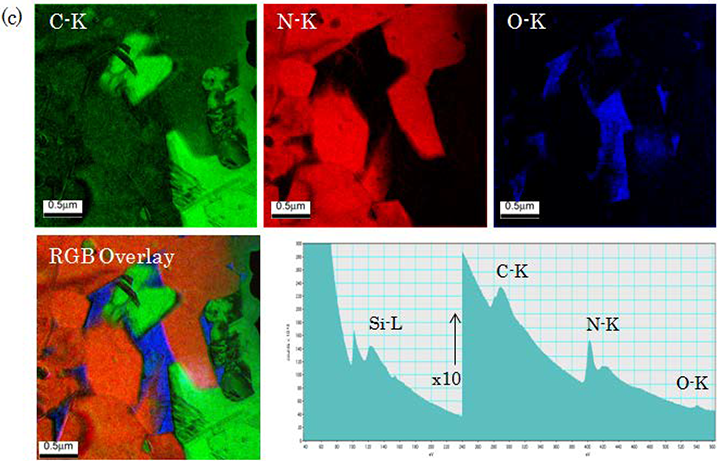 Elemental maps acquired by TEM-EELS using an Omega filter.