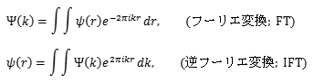 ψ(r) →試料による散乱波で実空間 r の関数、 Ψ(k)→レンズにより後焦点面上に作られた回折波で、逆空間 k [1/m] の関数