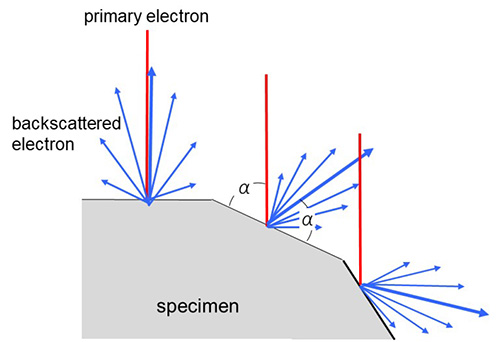 Dependence of backscattered electron emission on the angle of the specimen surface against the incident electron probe.