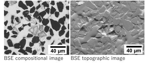 Comparison of BSE compositional image and BSE topographic image of a diamond grindstone, taken at an accelerating voltage of 10 kV