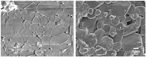 Comparison of secondary electron images of an aluminum-based ceramic specimen with charging (left) and without charging (right), taken at an accelerating voltage of 10 kV.