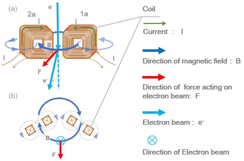 図1 コイルから発生する磁場によって電子線が曲げられる様子。